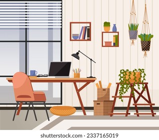 Hogar. Ilustración vectorial interior. Trabajar desde casa. Mobiliario en el área de oficina combina estilo con practicidad Mobiliario reorganizado en plano para crear más espacio Office tenía plano de planta abierta