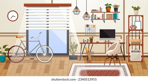 Interior de la oficina del hogar. Ilustración vectorial. Espacio de trabajo de escritorio de oficina creativo Las personas independientes trabajan en condiciones cómodas Interior de la oficina doméstica, espacio para trabajar Freelancer desde el hogar