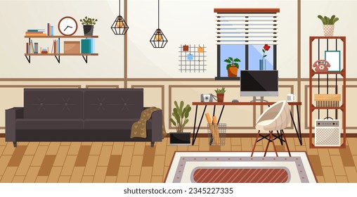 Home office interior. Vector illustration. Freelance or studying concept Workplace room, modern interior, cabinet Business workspace in room interior Workplace modern interior, home or office room