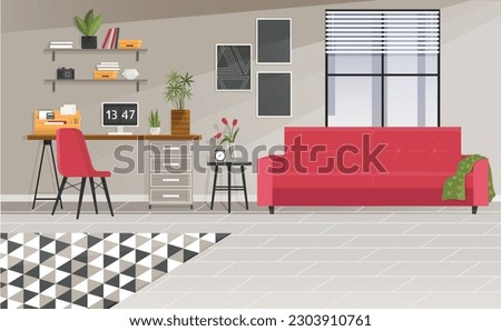Home office interior. Vector illustration. Living room modern interior, home or office, lounge with furniture Business workplace Home office metaphor Office workstation furniture interior concept