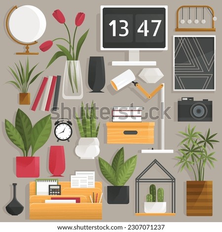 Home office interior. Vector illustration. Workplace modern interior, home or office room creation zone, working space kit with furniture Office with computer Working from home, student or freelancer