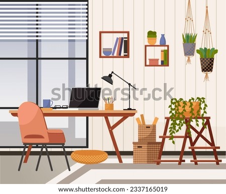 Home office. Interior vector illustration. Work from home. Furniture in office area combines style with practicality Rearranged furniture in flat to create more space Office had open floor plan