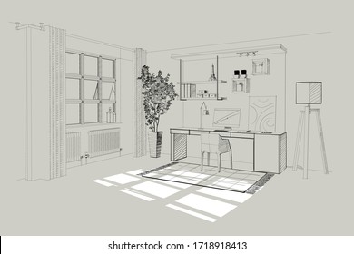 Home office interior. Vector sketch.