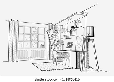Home office interior. Vector sketch.