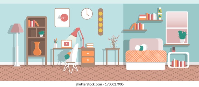 Home Office Interior Without People. Modern Workplace. Cabinet Room with Table, Lamps, Laptop, Chair. Remote Work, Freelance. Flat Vector Illustration. EPS 10