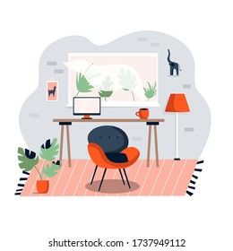 Home office interior. Working space with table, laptop, cozy chair. Room design