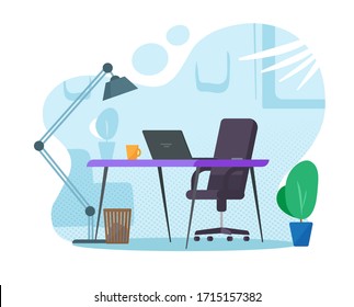 Home office interior workplace with table desk empty or desktop work place room with laptop computer with nobody front view vector flat cartoon illustration modern colorful work space design
