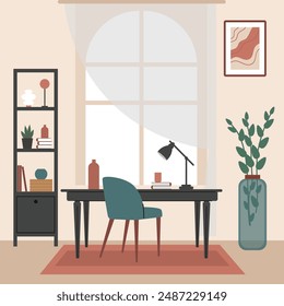 Una moderna y acogedora habitación con un escritorio junto a la ventana, un póster, plantas de la casa y una estantería. Ilustración vectorial en un estilo plano