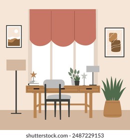 Home office interior,cabinet,a desk by the window, a poster, house plants. Vector illustration in a flat style