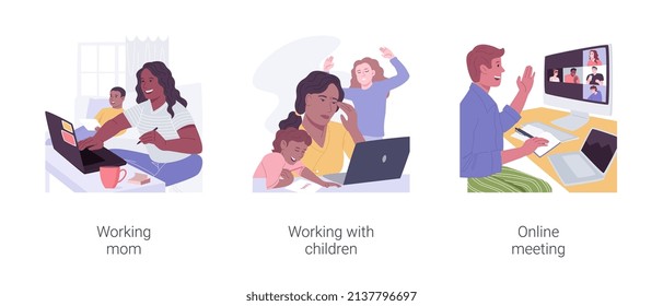 Home office isolated cartoon vector illustrations set. Working mom on a remote job, working with children, online meeting, distance work and multitasking, digital nomad vector cartoon.