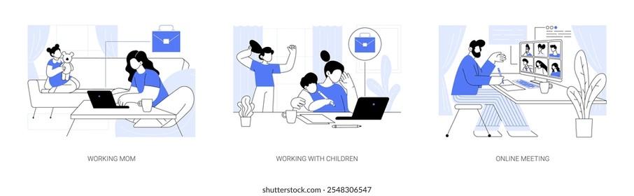 Home office isolated cartoon vector illustrations set. Working mom on a remote job, working with children, online meeting, distance work and multitasking, digital nomad vector cartoon.