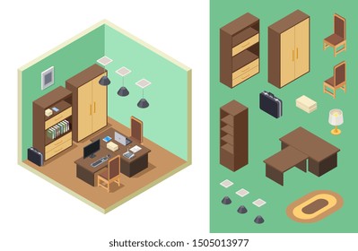 Home office isometric. Vector office room interior with desk, shelf, computer, laptop, chairs. Isometric furniture collection