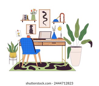 Home office with laptop line cartoon flat illustration. Cozy remote workplace furniture 2D lineart objects isolated on white background. Working from living apartment scene vector color image