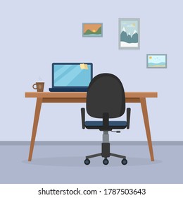 Home office with laptop on the table and coffee cup, pictures on the wall. Cosy workplace interior. Work from home, freelance or studying. Flat style vector illustration