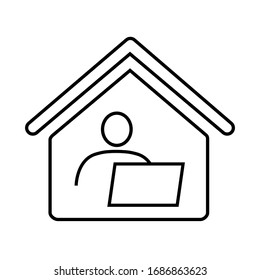 Home office, long-distance or remote work line icon. Man and computer inside house. Vector Illustration