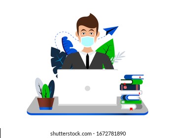 Home office. Man with coronavirus mask working at home. Vector illustration