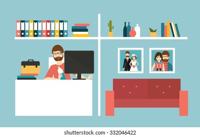 Home office. Man work day in home interior. Flat design vector illustration.