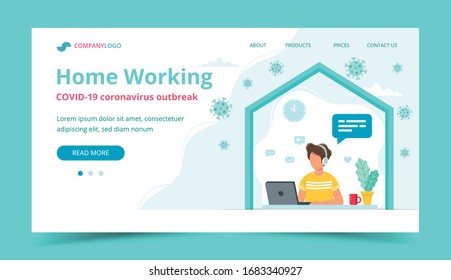 Home office, man working from home. Landing page or banner template. Vector illustration in flat style 