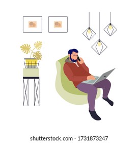 Home office. Man working on laptop and computer and talking to smartphone at home. Workspace, freelance, coworking space. Stay home quarantine concept. Vector illustration.