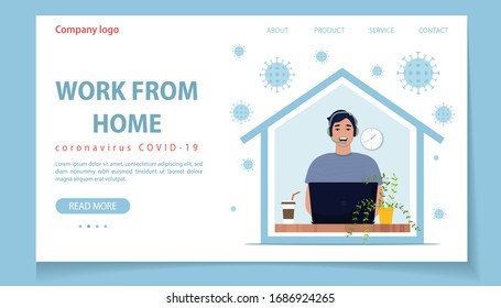 Home office, man working from home. Work from home landing page template. Freelancer use laptop. Online job. Vector illustration in flat style