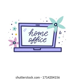 Home office on laptop screen icon with flowers. Vector flat illustration on white background.