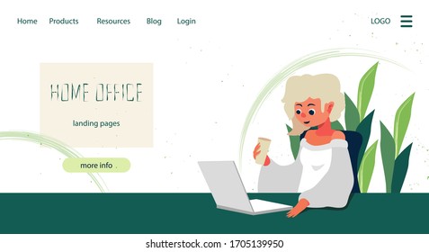 Home Office auf weißem Hintergrund. Landing Page Clip Art für Website oder Sozialbanner, Remote Job-Stelle, Flyer, Infokarte, Arbeitswechsel. Webvorlage oder Informationsseite. Stockillustration im Flachstil, Vektorillustration