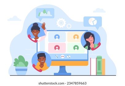 Home office online concept. Man and women working on common project. Video call and conference. Collaboration and cooperation, teamwork on internet. Cartoon flat vector illustration