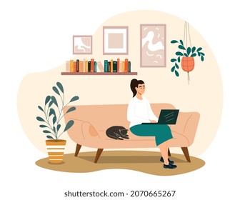 Home office and online education concept. Young woman with cat sitting on soft sofa and working on laptop. Remote employee or freelancer thinking about project. Cartoon flat vector illustration