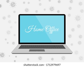 Home Office, cuarentena de aislamiento de trabajo en línea. Portátil minimalista, covid-19 virus en segundo plano. Ilustración vectorial.