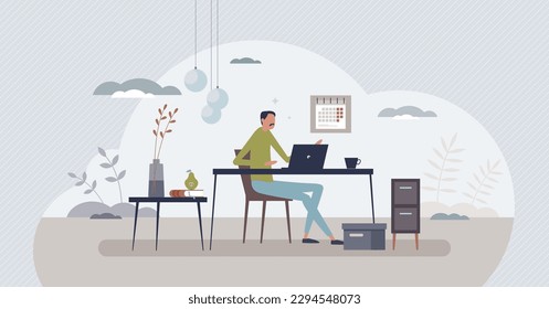 Home office organization and work from home time management tiny person concept. Effective business tasks in cozy, loft style apartment vector illustration. Workspace for freelancer job and study.