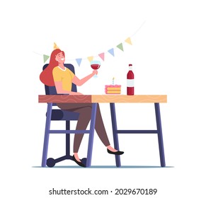 Home Or Office Party, Young Female Character Wearing Festive Hat Holding Wine Glass In Decorated Room Celebrate Holiday Alone With Alcohol And Cake During Covid Quarantine. Cartoon Vector Illustration