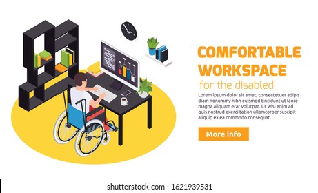 Home office for people with disabilities comfortable workspace with wheelchair accessible desk web landing page vector illustration  