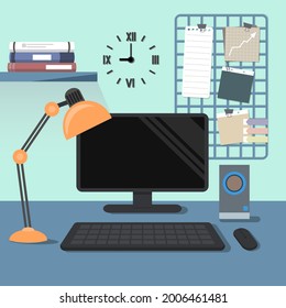 home office with personal computer on blue wall, flat vector illustration design.