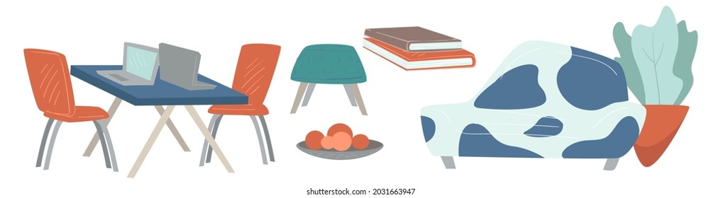 Casa, lugar para vivir y trabajar, diseño interior de casa. Mesa con sillones para el coworking, sofá con estampado moderno, escritorio con libros y chimenea en la olla. Decoración y diseño. Vector de estilo plano