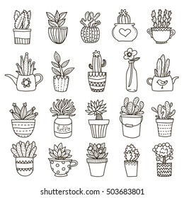 Home and office plants in decorative pots, icon set with black outlines on blank background vector illustration