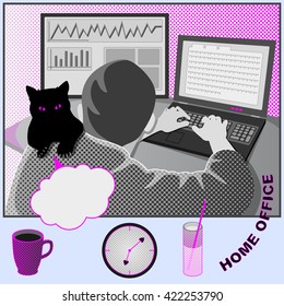 Home office. Programmer and his pet at work. Speech bubble, clock and drink icon set. Pop art style. Vector illustration.