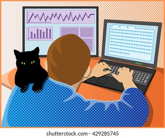 Home office. Programmer and his pet at work .Design for banner, poster, brochure and background. Pop art style. Vector illustration.