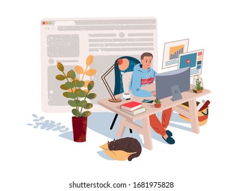 Home Office in Quarantine time (coronavirus). Freelancer guy working at home with pets and plants. Social distancing and self-isolation during covid-19 virus quarantine. Vector illustration 