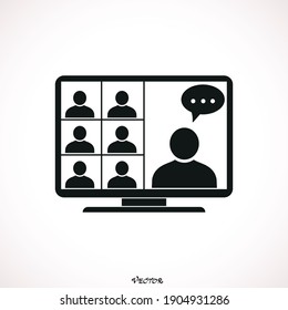  Home Office In Quarantine Times. Digital Communication. Internet Teaching Media. Video Conference Icon. People On Computer Screen. Black Flat Icon Isolated On White Background 