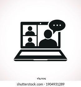  Home office in quarantine times. Digital communication. Internet teaching media. Video conference icon. People on computer screen. Black flat icon isolated on white background 