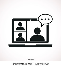  Home Office In Quarantine Times. Digital Communication. Internet Teaching Media. Video Conference Icon. People On Computer Screen. Black Flat Icon Isolated On White Background 