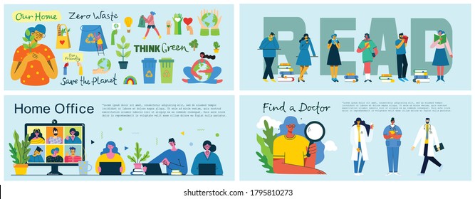 Home office, read books, Save the planet and Find a doctor concept illustration in flat and clean design. Men and women use laptop and tablet in the modern flat design.