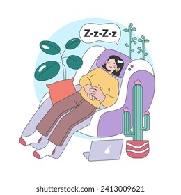 Home office relaxation concept. Young woman takes a snooze on comfy couch, surrounded by vibrant indoor plants, laptop aside, hinting a break from remote work. Restful nooks at home. Flat vector