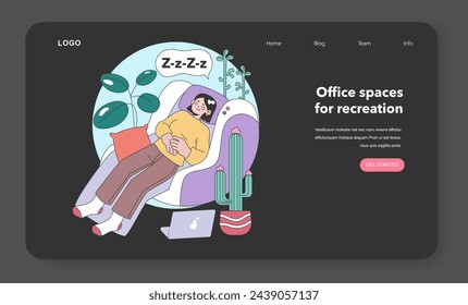 Home office relaxation concept. Young woman takes a snooze on comfy couch, surrounded by vibrant indoor plants, laptop aside, hinting a break from remote work. Restful nooks at home. Flat vector