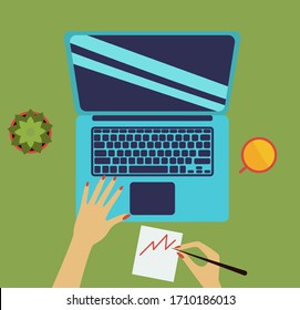 Home office, remote job background. workplace. coffee, laptop and hands on the keyboard. Vector illustration.