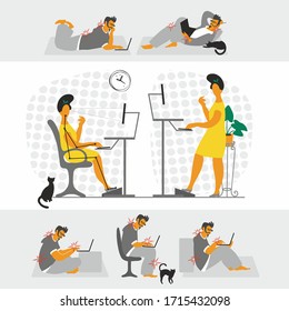 Home office. Remote work. Correct organization of the workplace. work from home during Quarantine. Vector illustration. Flat style.