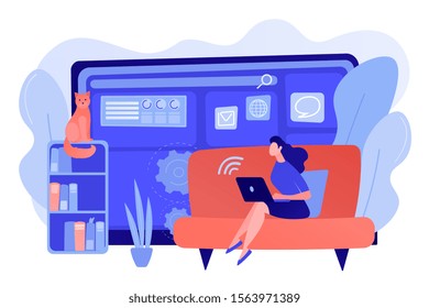 Home office, remote work. Distance learning. Copywriting job. Freelance work, online self-employment, best freelancers here concept. Pinkish coral bluevector isolated illustration