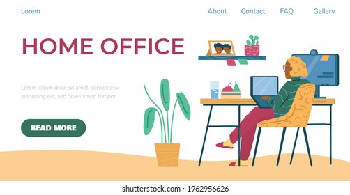Hogar y trabajo a distancia, concepto de ocupación independiente de banner o página de aterrizaje del sitio web. Mujer sentada en la mesa y trabajando en laptop, ilustración vectorial aislada.