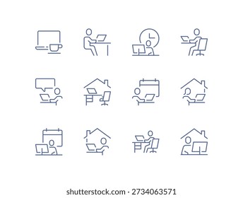 Conjunto de iconos de oficina en casa y trabajo remoto que muestra a las personas trabajando en escritorios, usando computadoras portátiles, administrando el tiempo y colaborando en línea con símbolos delineados simples para una Ilustración vectorial plana aislada.