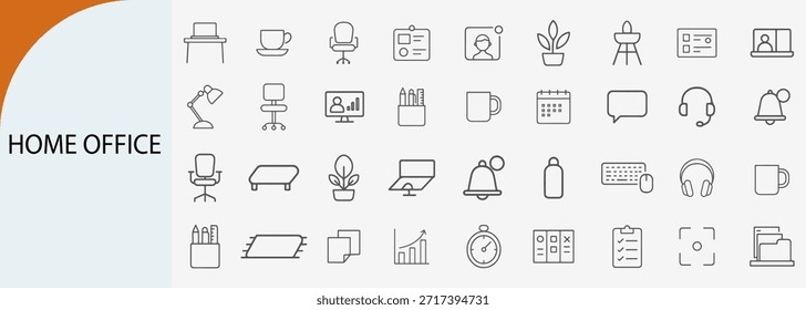 home office e conjunto de ícones de linha de trabalho remoto, móveis de local de trabalho e símbolos de equipamentos freelancer, ilustração vetor plana
